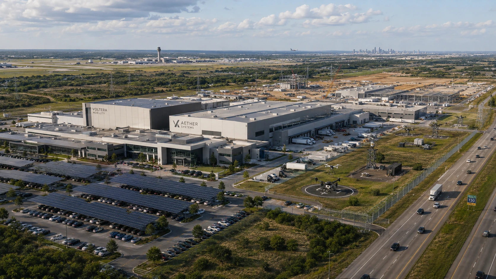 The Voltera Mobility manufacturing campus north of Austin-Bergstrom International Airport, now under Aether Systems control.